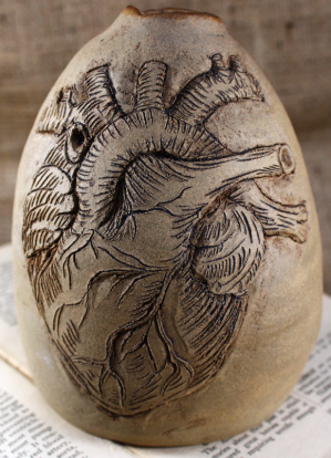 Stoneware sgraffito anatomical heart pot by Deb Langner
